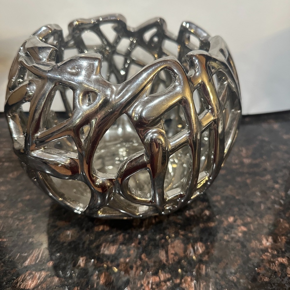 Silver Mercury Glass Lattice Openwork Bowl Decorative Centerpiece Abstract